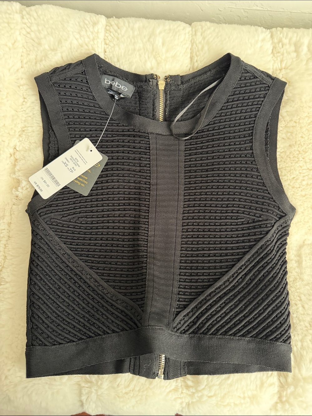 bebe Black Textured Zip-Back Crop Tank